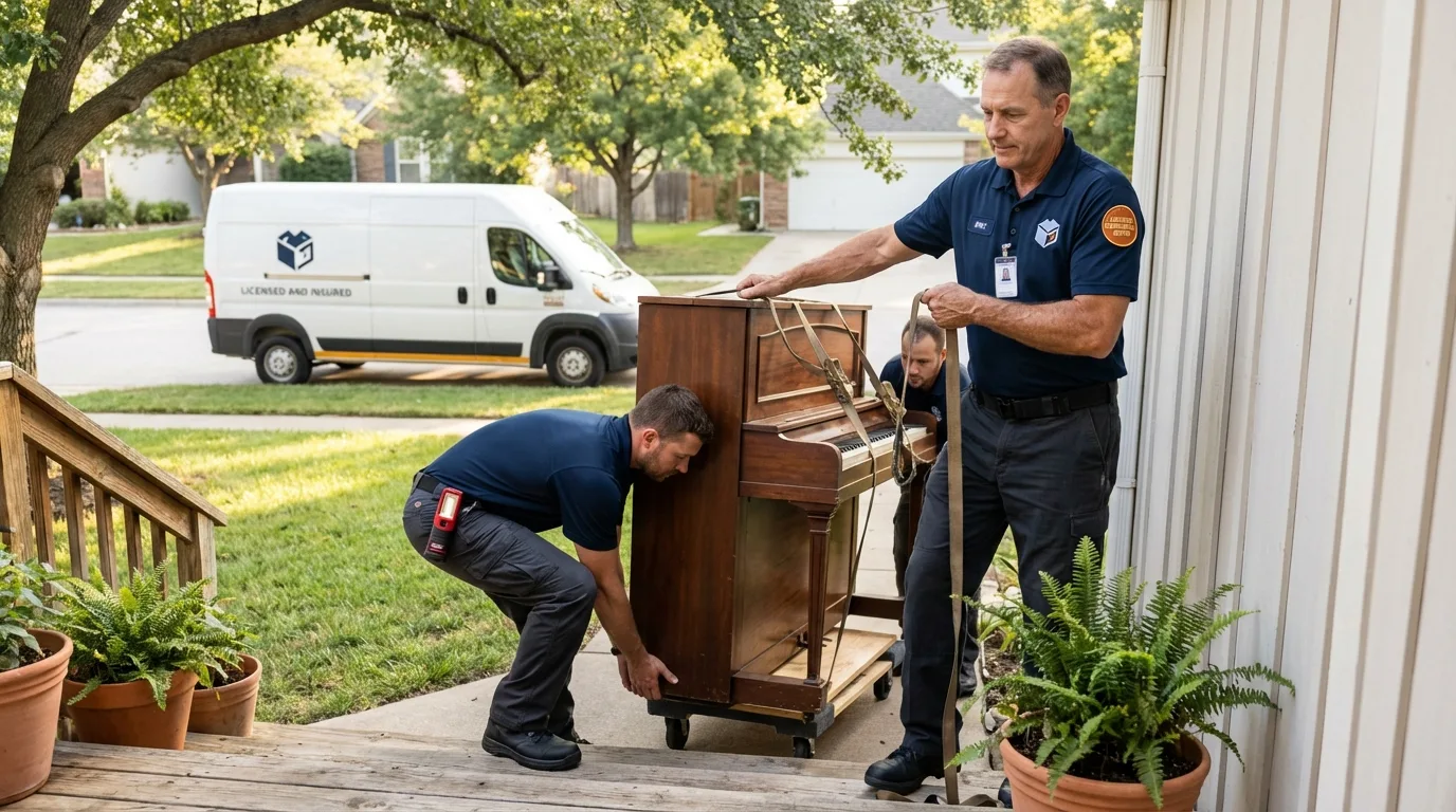 Licensed piano movers securing grand piano in Wanchese, NC