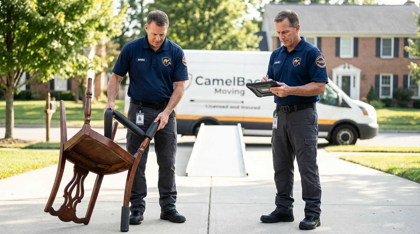 Movers inspecting furniture for damage prevention before loading in Wanchese, NC