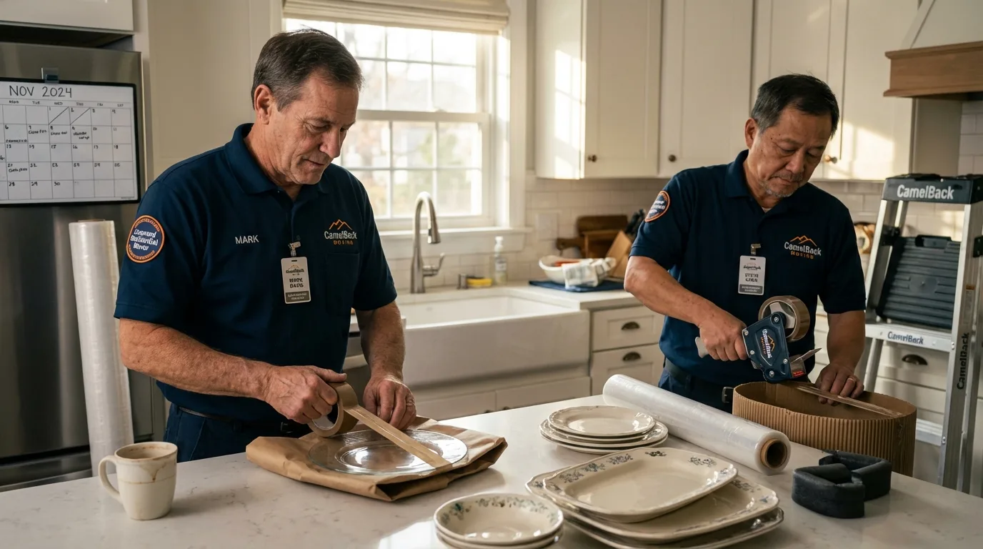 Professional crew packing kitchen dishware in Wanchese, NC